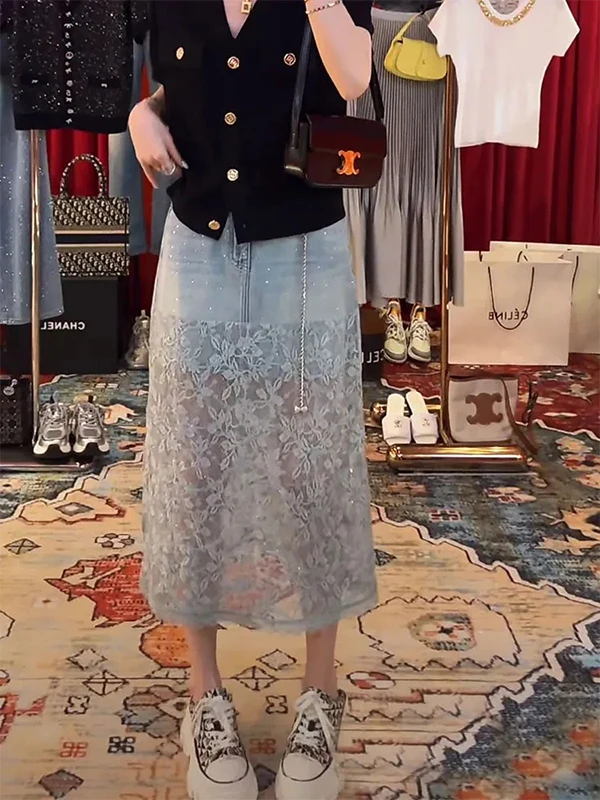 

Летняя джинсовая юбка с высокой талией и блестками, женская, новая, с вышивкой и кружевными вставками, А-силуэт, для повседневной носки, миди