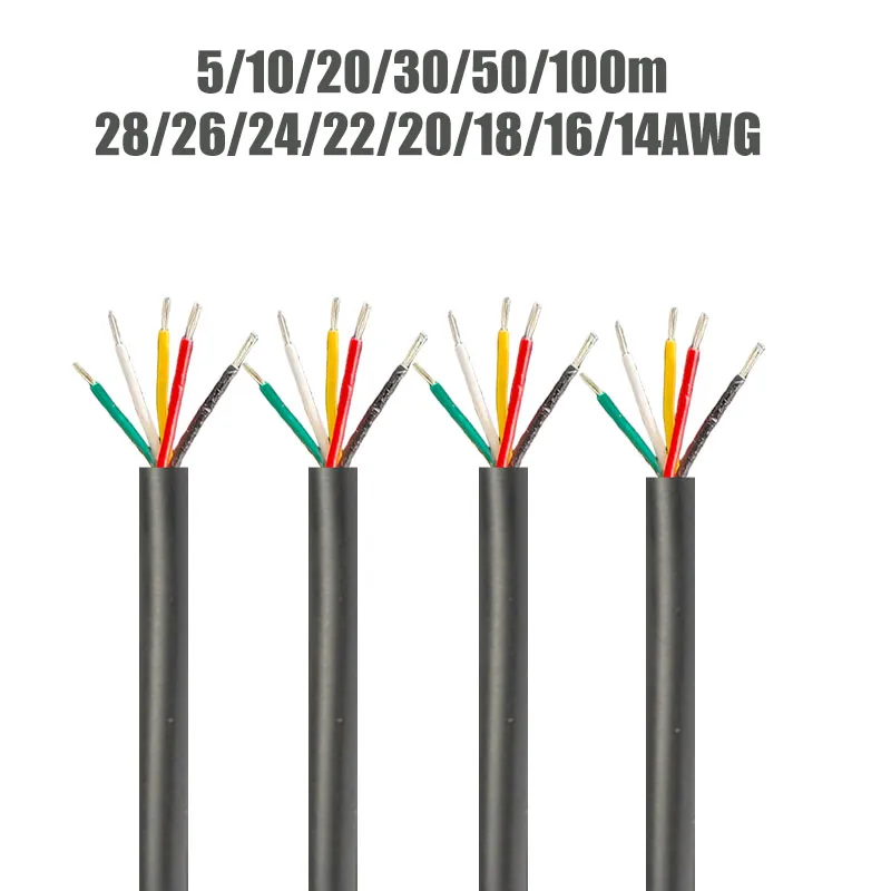 5 الأساسية كابل مغلف 28 26 24 22 20 18AWG 5/10/20/30/50/100 متر PVC الأسلاك الكهربائية النحاسية المعلبة لمكبر الصوت مصباح ليد السيارات