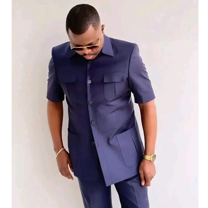 

Темно-синие мужские костюмы из 2 предметов с коротким рукавом и карманами, летняя повседневная мужская одежда, свадебные пиджаки для жениха, смокинги, приталенный пиджак