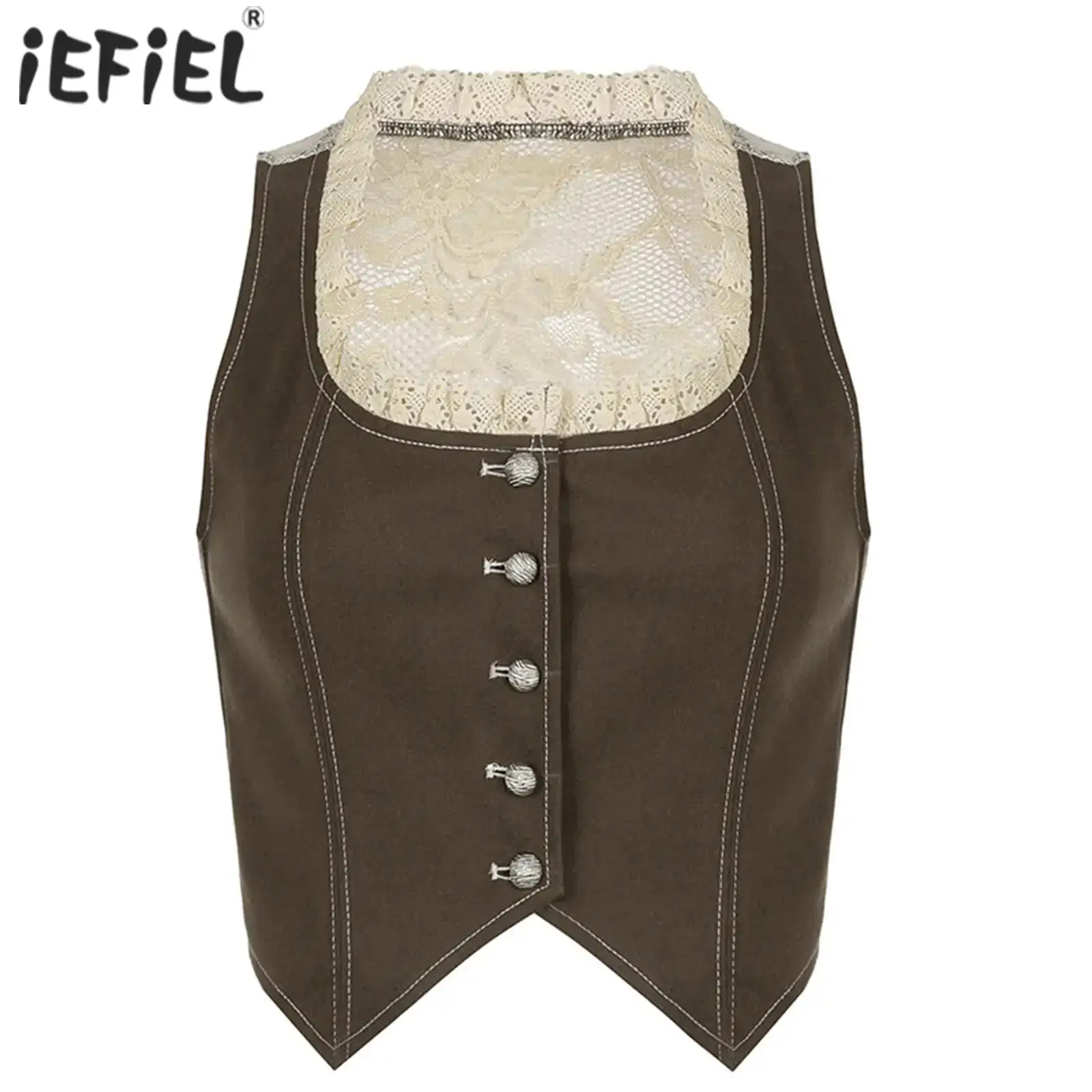

Womens Waistcoat Sleeveless Button Down Denim Vest with Floral Lace Patchwork Back Coat for 90s Streetwear Casual Outing Dating