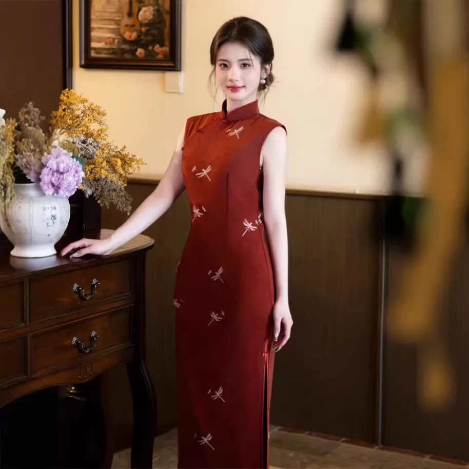 

Spring and Summer New Elegant Cheongsam Temperament Stand Collar Slim Fit Qipao Chinese Traditional Sleeveless Dress Vestidos