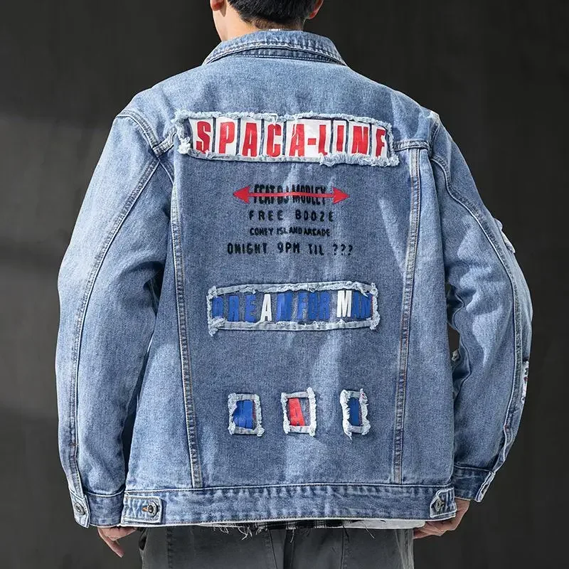 Autumn With Hole Trendy Men's Denim Jacket Ripped High Quality Male Jean Coats In Lowest Price Low Cost Fast Delvery Loose New