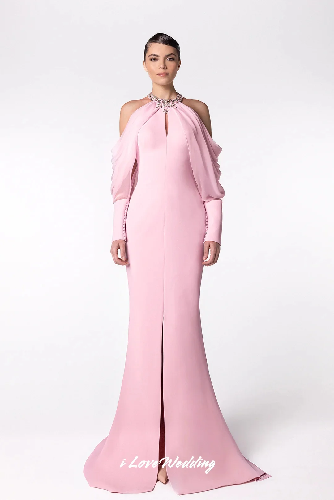 

Pink Halter Evening Dresses 2025 Long Sleeve Mermaid Pleated Beaded Crystal Split Floor-Length Wedding Party Dresses Customized