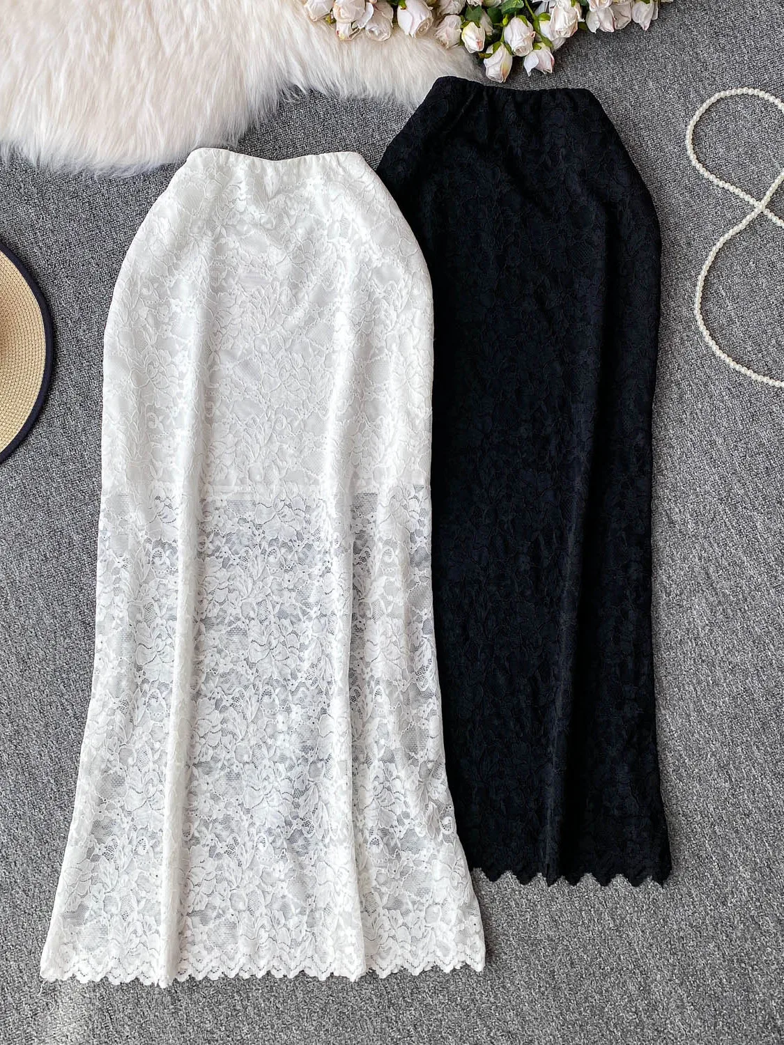 

Ele White Lace High Waist Bodycon Midi Skirt Women's Summer Trendy Girl Sexy Slimming Pure Desire Wrap around Skirt