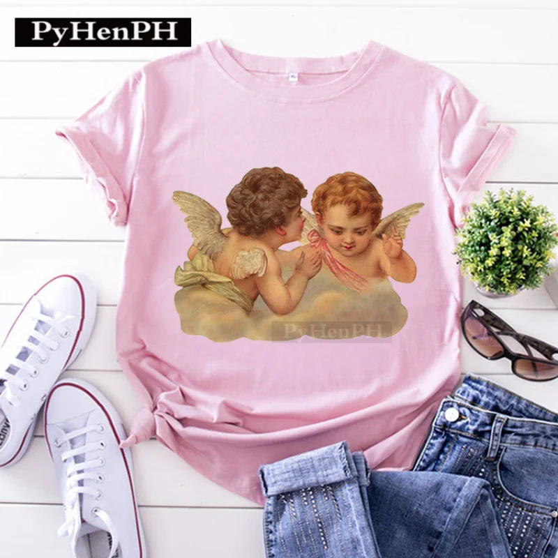 เสื้อยืดแขนสั้นผู้หญิง Angel มีสไตล์และน่ารัก เสื้อฤดูร้อนสําหรับนักเรียน และเสื้อยืดกราฟิกชั้นฐาน