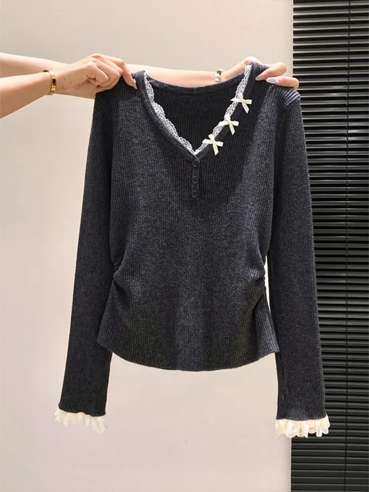 

Gentle Breeze Lace Trim V-ne Knitwear Women's Waist-cinching Slimming Design Base Layer Top Knot Spring Faion