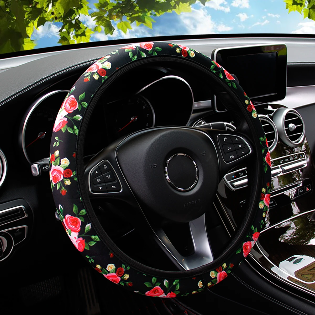 Kirschblüten- und Sonnenblumen-bedrucktes Tauchmaterial, Auto, randloser Lenkradbezug, Geister-Dekorationsstoff für Frauen – Detail 4