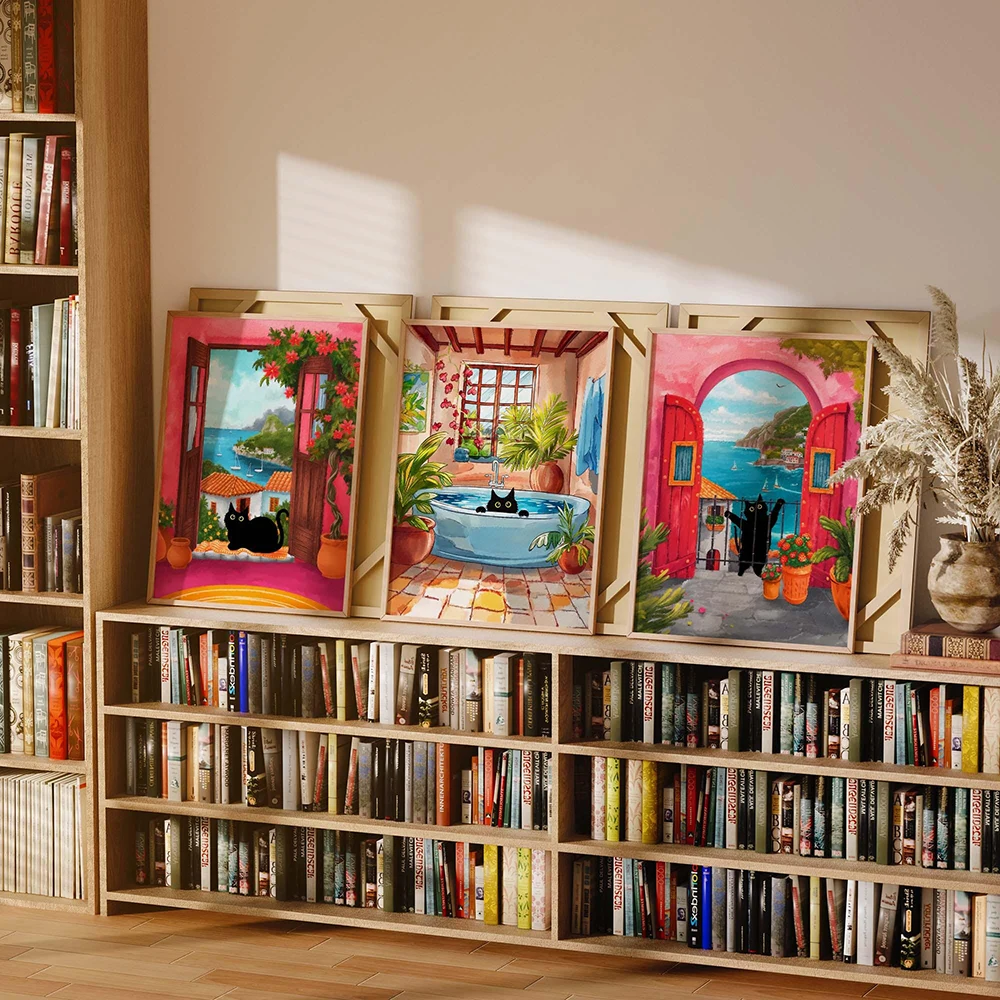 Juego de 3 carteles de gatos costero, lienzo, arte de pared, Mural impreso, Italia, Vila Amalfi, pintura decorativa de gato costero, decoración del hogar, regalo sin marco