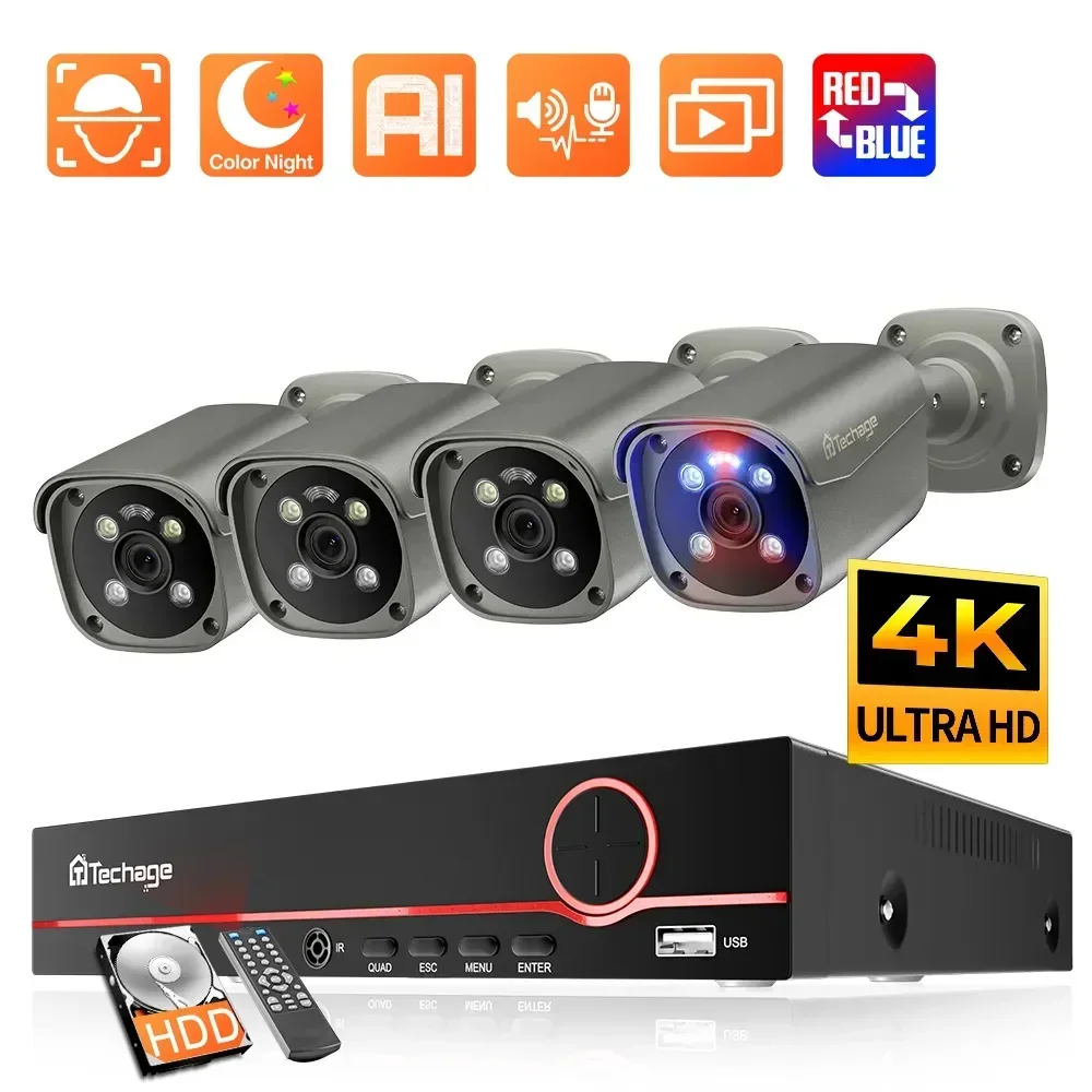 Techage 4K 8MP Surveillance Camera System H.265 8CH PoE NVR Kit Human Detection Red-bule Light Alarm P2P Video Audio CCTV Camera