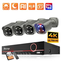 Techage-Système de caméra de surveillance 4K 8MP, kit NVR PoE 8CH, détection humaine, lumière rouge-bleu, alarme P2P, vidéo, audio, CCTV