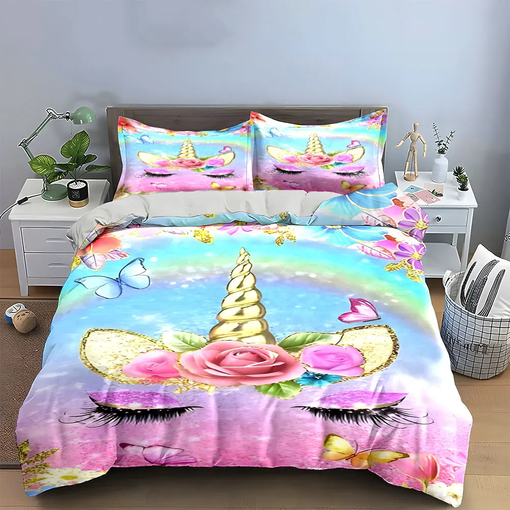 3Pcs Glitter Floral Unicorn Face Duvet Cover Set, Rainbow Pastel Girly Bedding Includes 1 Duvet Cover And 2 Pillowcase, Gift