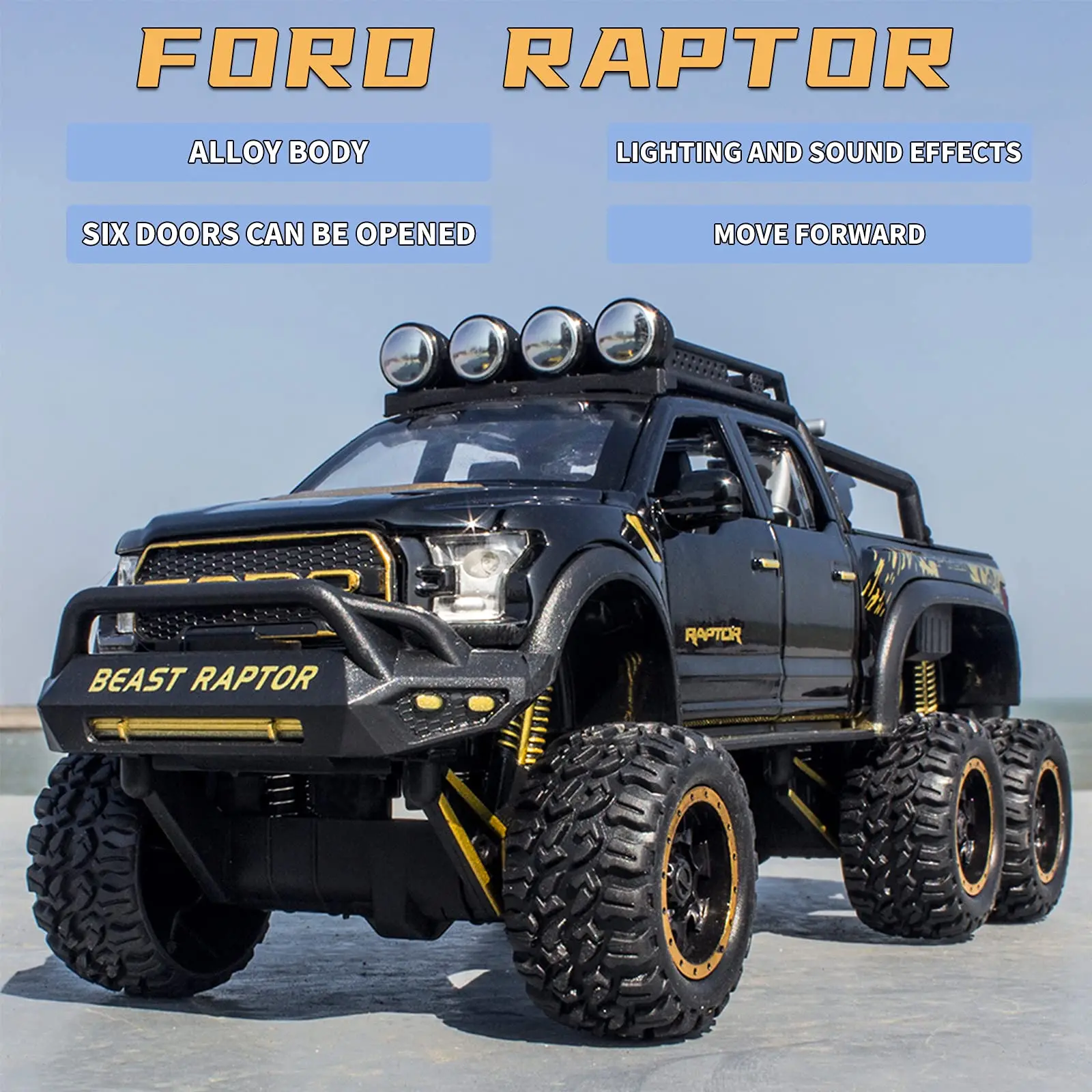 1: 24 Ford Raptor F150 Simulation Alloy Pickup Off road Children's Car Toys Model with Sound and Light Gifts Collection Ornament