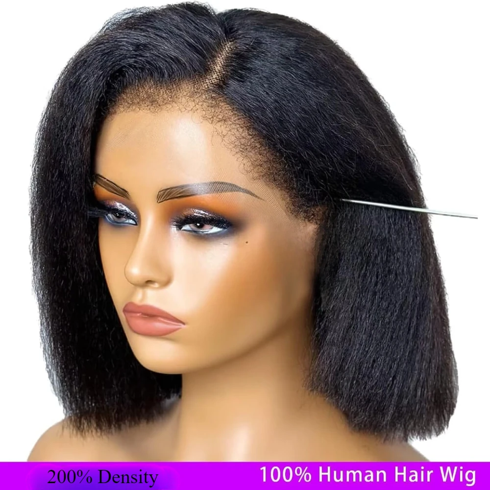 200% Density Glueless Pre Plucked with Baby Hair Kinky Straight Lace Front Wig Human Hair Short Yaki Straight Wigs for Women