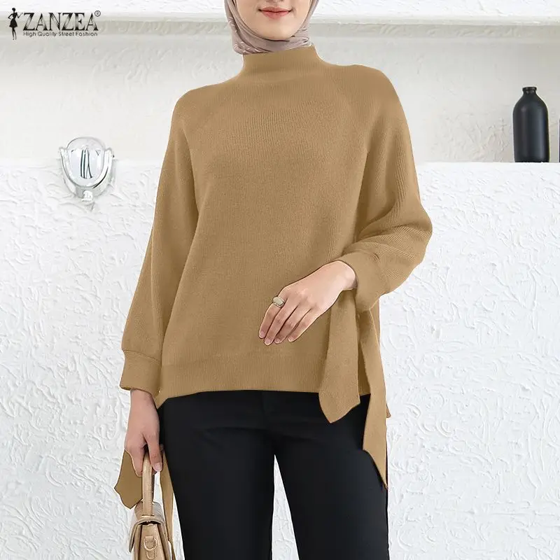 ZANZEA Hijabs musulmanes, suéteres acanalados de punto para mujer, cuello alto modesto, manga larga, puños atados, jersey de Color sólido para mujer, Tops 3XL