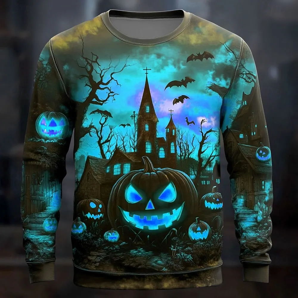 3D Halloween Theme Pumpkin Cemetery Men's Casual Hoodie Sweatshirt Fall Winter Round Neck Pullover Long Sleeve Trendy Streetwear