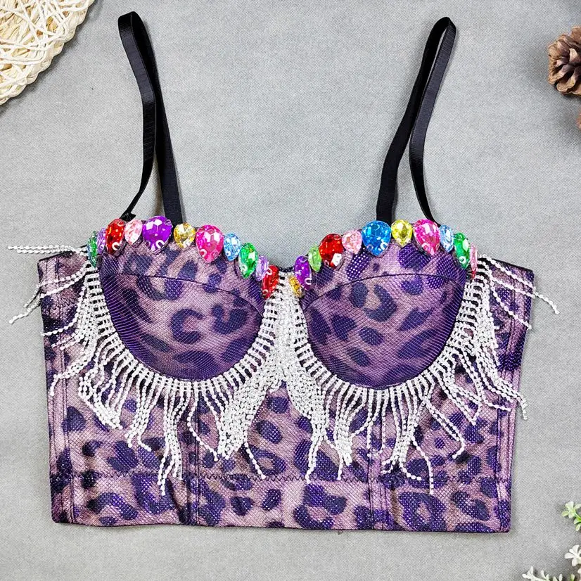 Sexy leopard print Camisole Women rhinestone tassel tank tops beaded bra Cropped top rock stage performance clothing Y4279