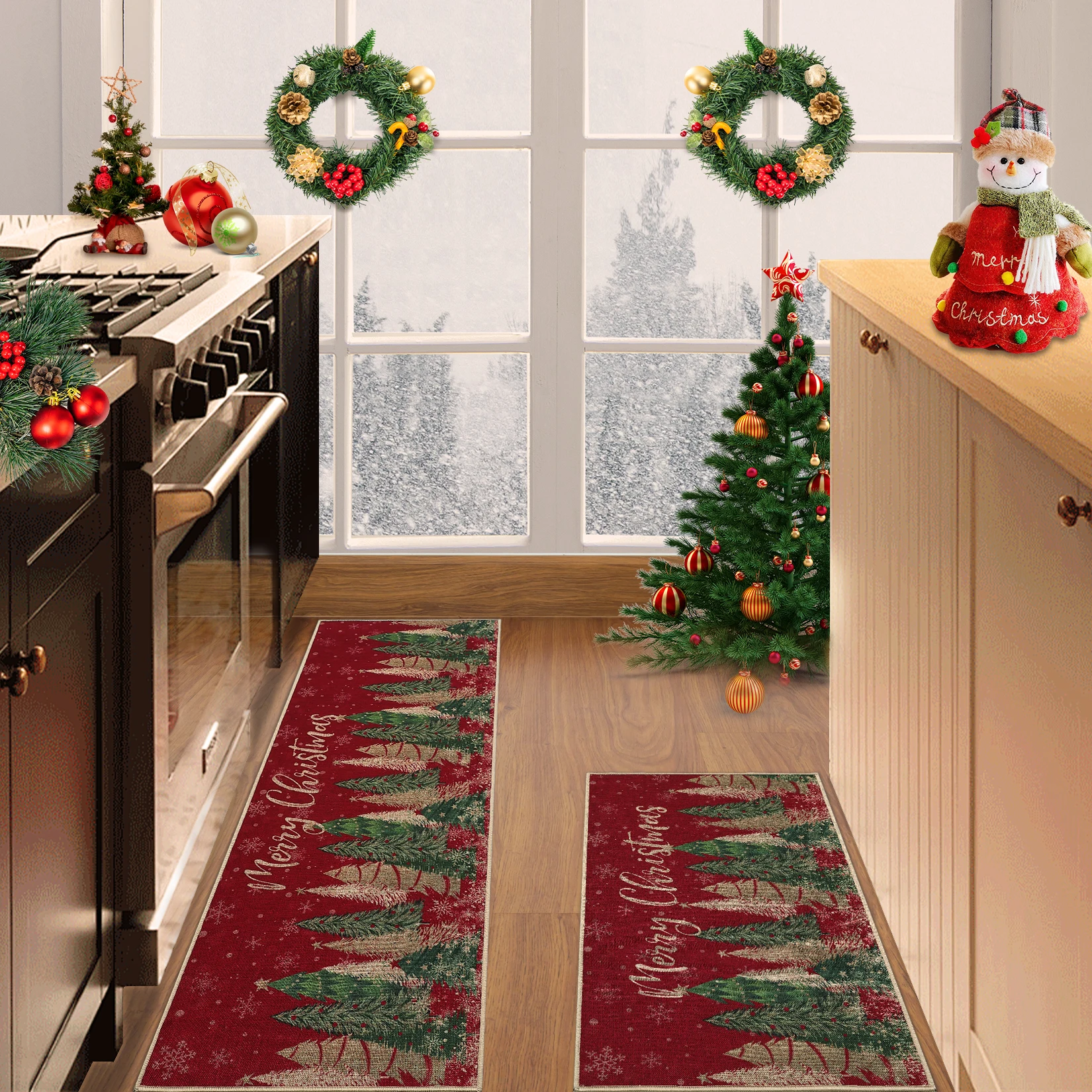 Christmas Door Mat, Non-Slip Washable Holiday Welcome Rug with Red Christmas Tree and Snow Print, Stain-Resistant Indoor Outdoor Entryway Mat for Front Door, Porch, Kitchen and Laundry Room