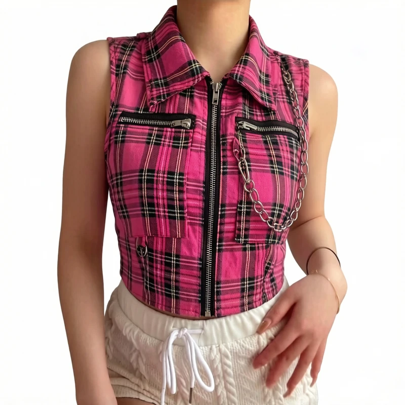 Women's Gothic Plaid Camisole Tank Top Slim Fit Vintage Bandage Harajuku Punk Grunge Style Collection Vest