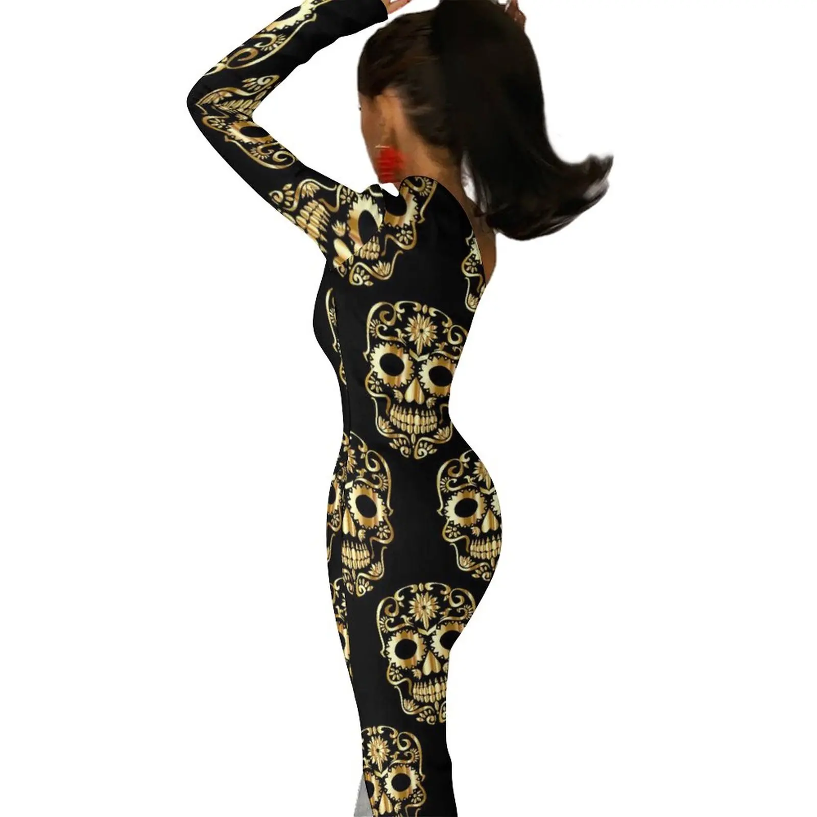 Złota sukienka z czaszką w kształcie cukru Wiosna Abstrakcyjne czaszki Eleganckie długie sukienki z rozcięciem z boku Sukienka na jedno ramię z nadrukiem