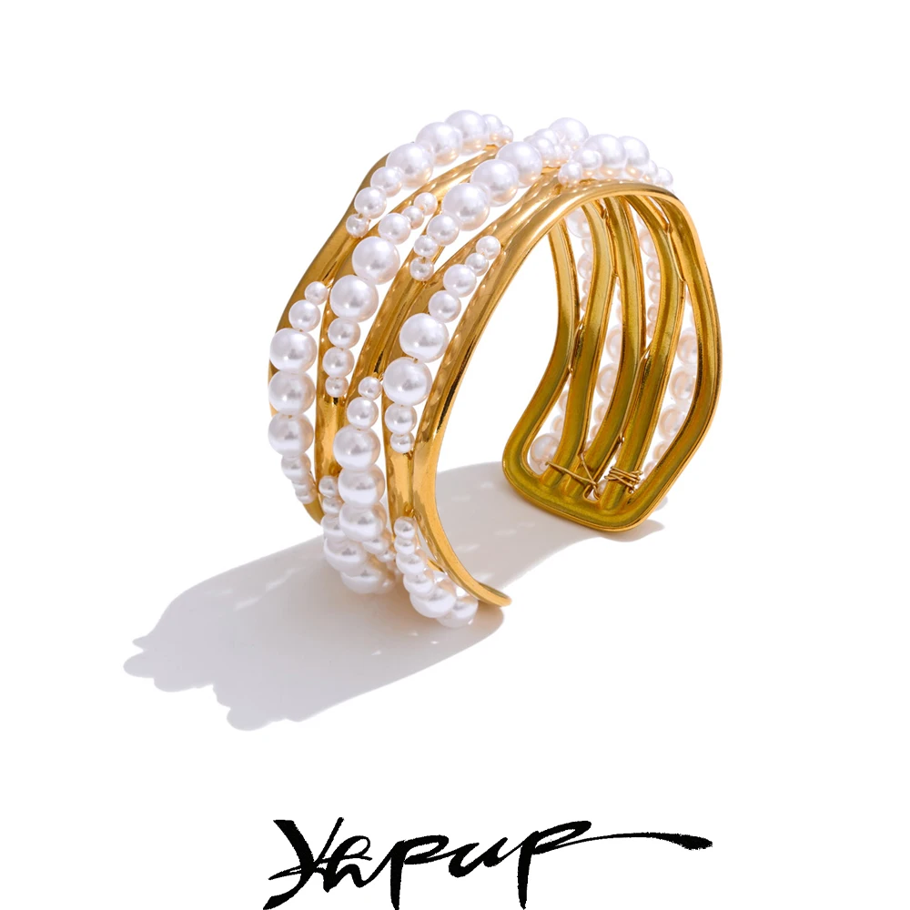 

Yhpup 53mm Simulated Pearls Big Cuff Wide Bracelet Bangle 18K PVD Plated Stainless Steel Arrivals Elegance Open Wrist Jewelry
