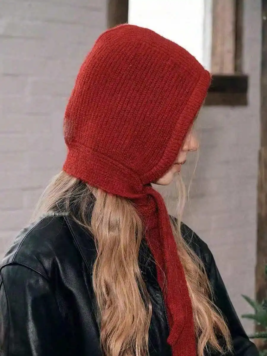 Koreanische Kapuzenschal-Balaclava-Mütze mit Ohrenschutz, warme Mütze für Damen, Retro-Mütze mit Schleife, Winter-Accessoires, gestrickte Mütze. – Detail 3