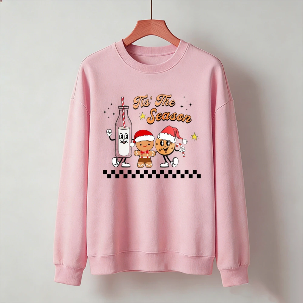 Tis The Season Christmas Milk Gingerbread Cookie Santa Graphic Long Sleeve Pullover Casual Winter Holiday Xmas Party Top Clothes