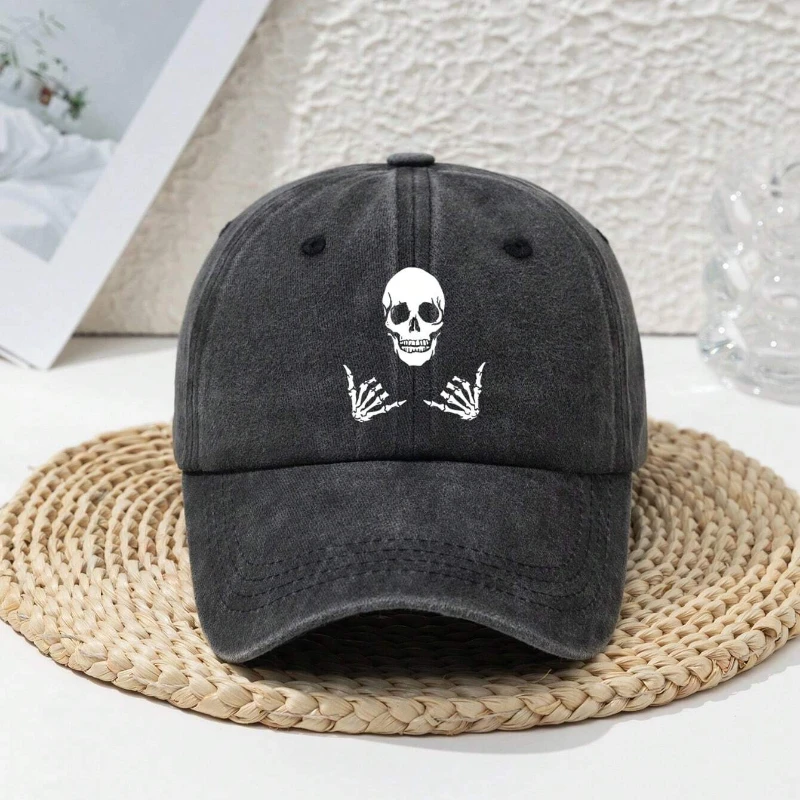 

1pc Unisex Outdoor Casual Fashionable Skull Print Distressed Baseball Cap, Adjustable Soft Top Snapback Hat For Beach, Sports