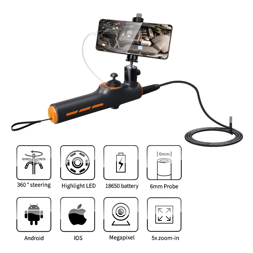 Hot Sale 360 Flexible Snake camera with light Endoscope Visual Detection Borescope 6MM Steering Industrial High bright camera