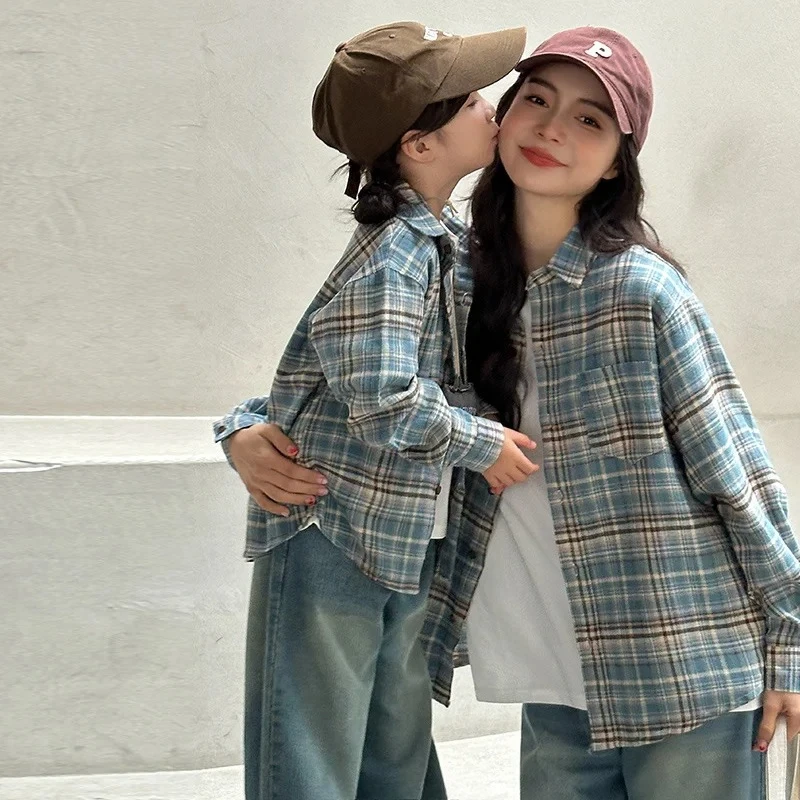 Casual Family Matching Outfit Plaid Shirt Parent and Child Matching Clothes Mom Daughter Blouse Family Look Costume Outerwear