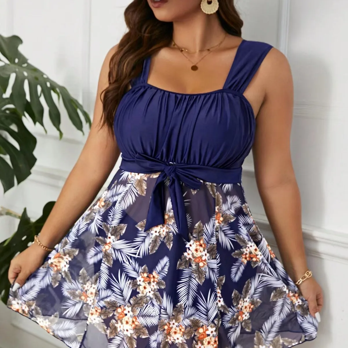 

Two Piece Swimsuit Sleeveless Square Neck Tankini Top Tummy Control Ruched Swim Dress Floral Print A Line Skirt Navy Blue