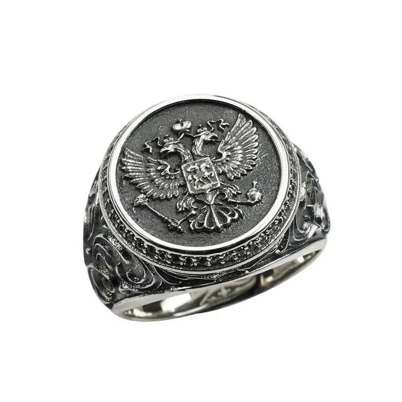 

925 Sterling Silver Double Headed Eagle Ring Adjustable Men's Fashion White Zircon Inlaid Thumb Ring Punk Rock Style