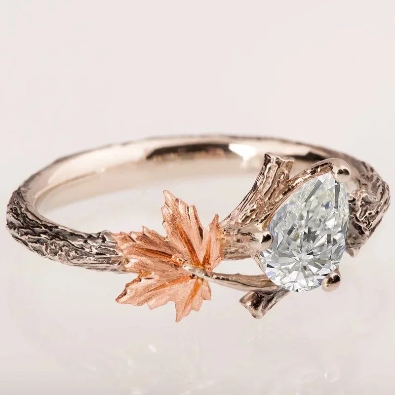 Huajie Classic Women\'s Maple Leaf Shaped Bright Zircon Inlay Elegant Rings Romantic Bride Wedding New Ring Jewelry Tide