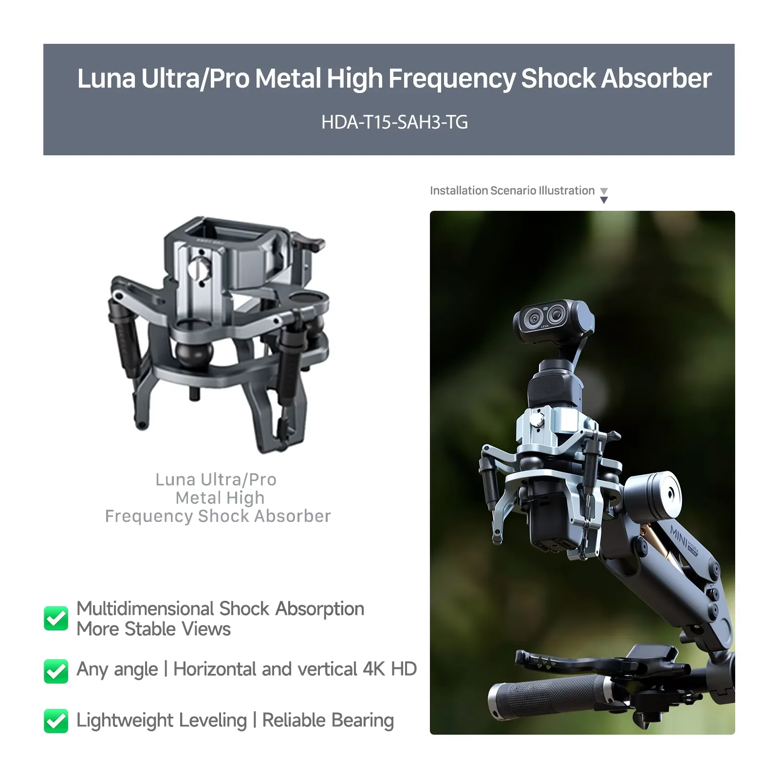 TILTA Schokabsorberende Kop voor Actiecamera Hydra Alien Mini HDA-T15-SAH2-TG voor DJI Pocket3/4/4pro/Go Pro/Insta360