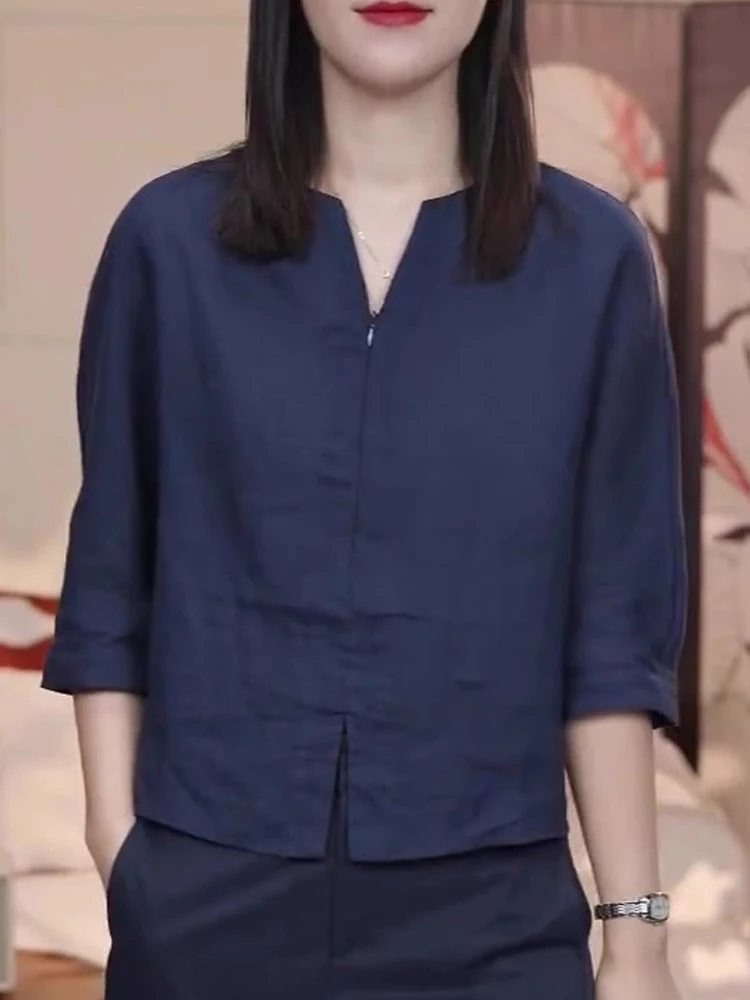 우아한 하프 집업 셔츠 캐주얼 여름 상의 7부 소매 오버헤드 여성 패션 출퇴근 스타일 루즈핏 베이직 센스