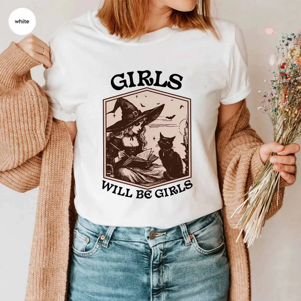 Dziewczęca Koszulka Wiedźmy Vintage Koszulka Wiedźmy Halloween Czarny Kot Gotycka Koszulka Estetyczna Y2k T-shirt Damskie Straszne Wiedźmańskie Topy