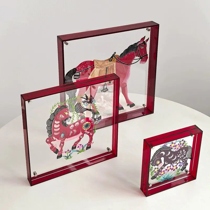 Non-heritage Painted Horse Shadow Puppet Display Frame, Transparent Acrylic Photo Frame, Folk Art Tabletop Decoration & Souvenir