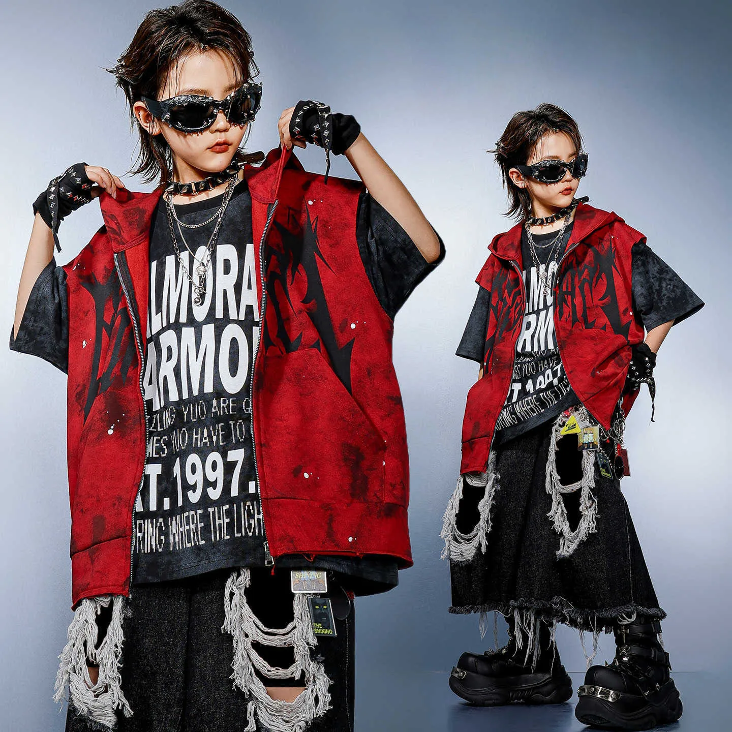 

Kid Kpop Hip Hop Clothing Red Print Hoodie Vest Black Distressed Ripped Shorts Middle Pants for Girl Boy Dance Costume Clothes