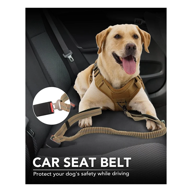 مقود الكلب عالي التحمل، مقود كلب بنجي ممتص للصدمات بطول 4-6 أقدام + مقبض مبطن، مشبك حلقة تسلق معدنية، حزام مقعد السيارة كاكي متين