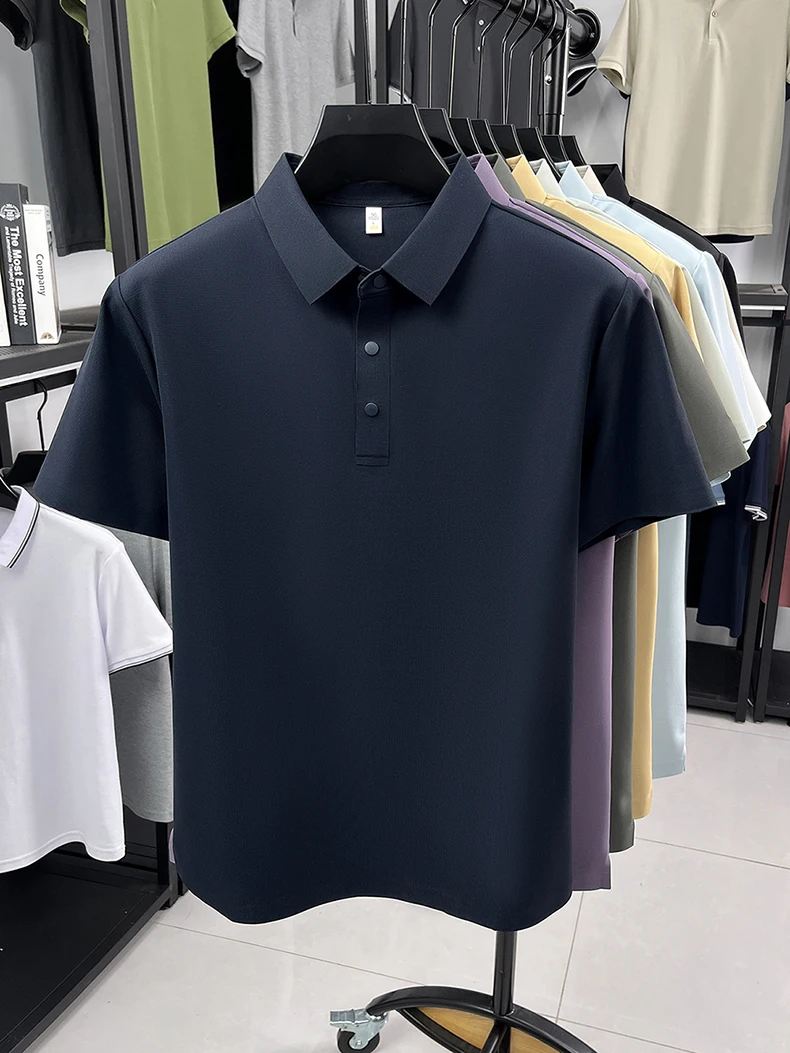 Hochwertiges Eisseide-Kurzarm-Poloshirt für Herren, klassisches einfarbiges, atmungsaktives Business-Casual-T-Shirt, neues Luxus-Oberteil für den Sommer. – Detail 29