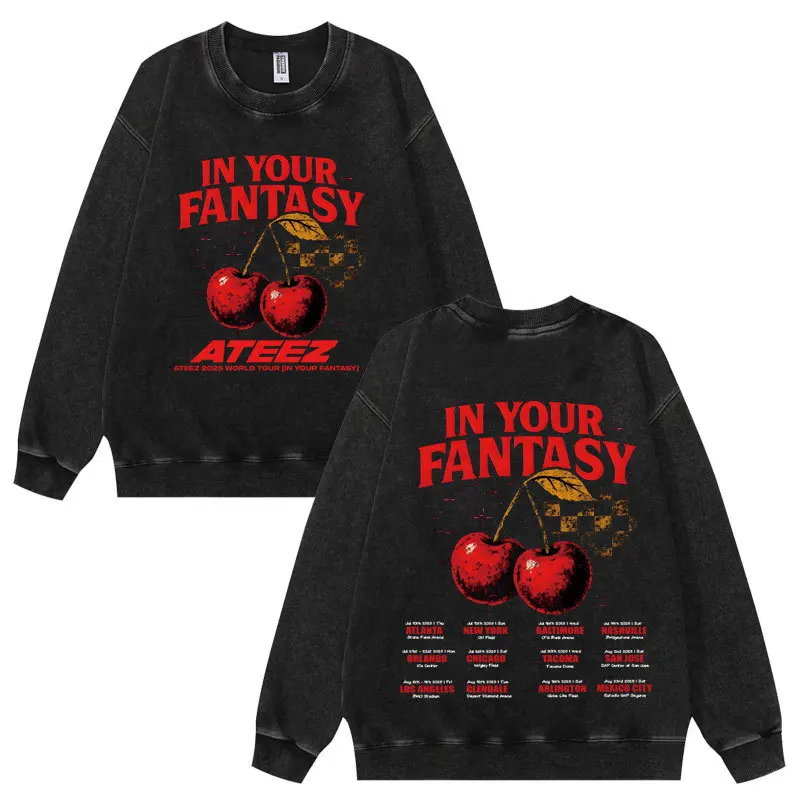Ateez in Your Fantasy World Tour خمر غسل هوديي النساء الرجال س الرقبة طويلة الأكمام Crewneck البلوز بلوزة فضفاضة غير رسمية القمم