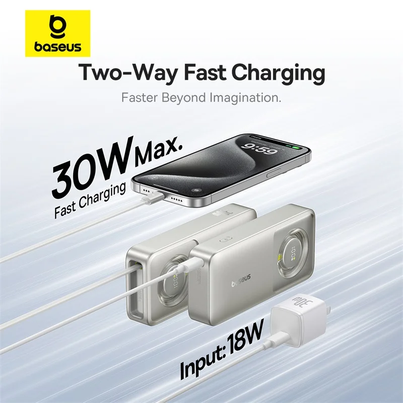 Baseus 30W Power Bank 10000mah with Built-in Retractable Type-C Cable Fast Charging for iPhone 15 Pro Max Xiaomi Samsung