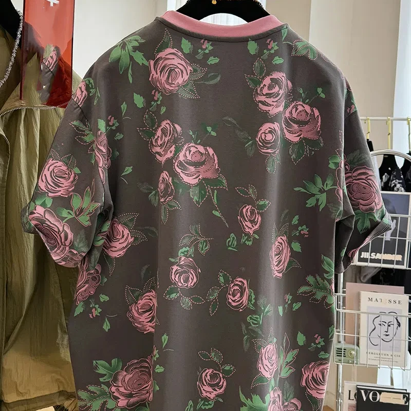 Simplicity Commute Summer New Printed T-shirts Women\'s Spliced Contrast Color Round Neck Loose Pullover Short Sleeve Casual Tops