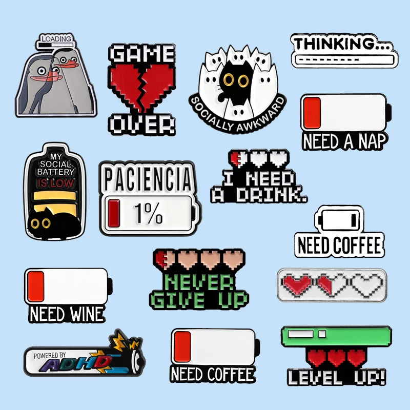 Battery Progress Bar Brooches Game-style Fun Slogan Metal Badges Small Ornaments Wholesale Bag Pins for Caps Brooch Cap Pin Hat