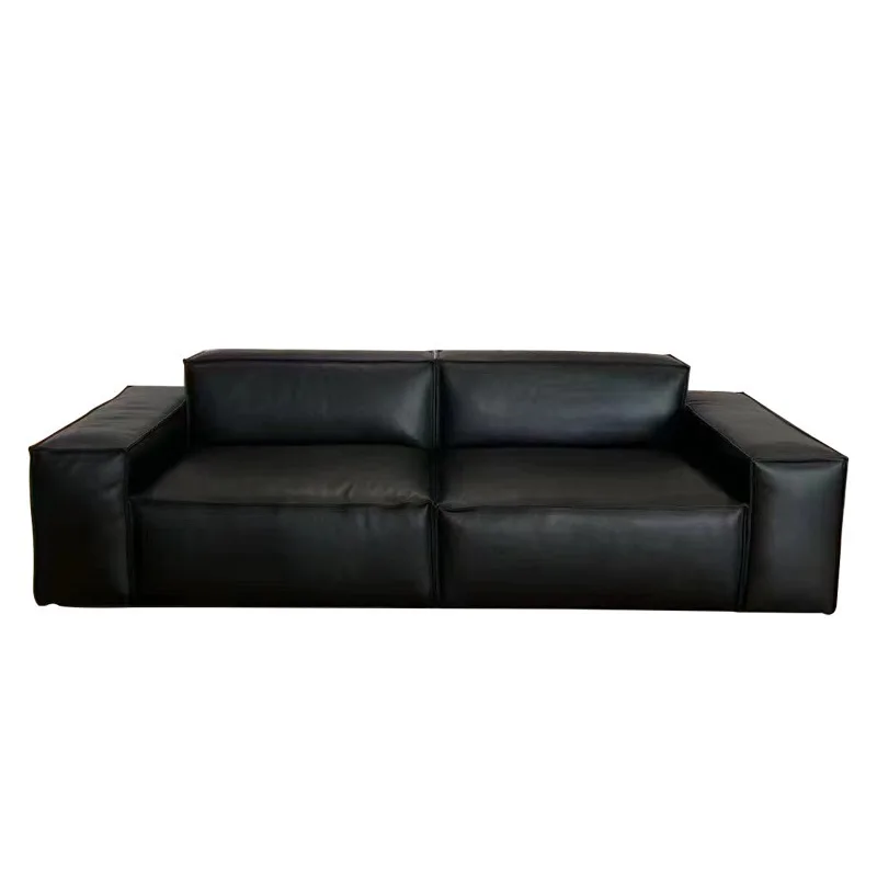 

Big black cow leather sofa living room Italian minimalist first layer cowhide retro premium tofu block leather straight row sofa