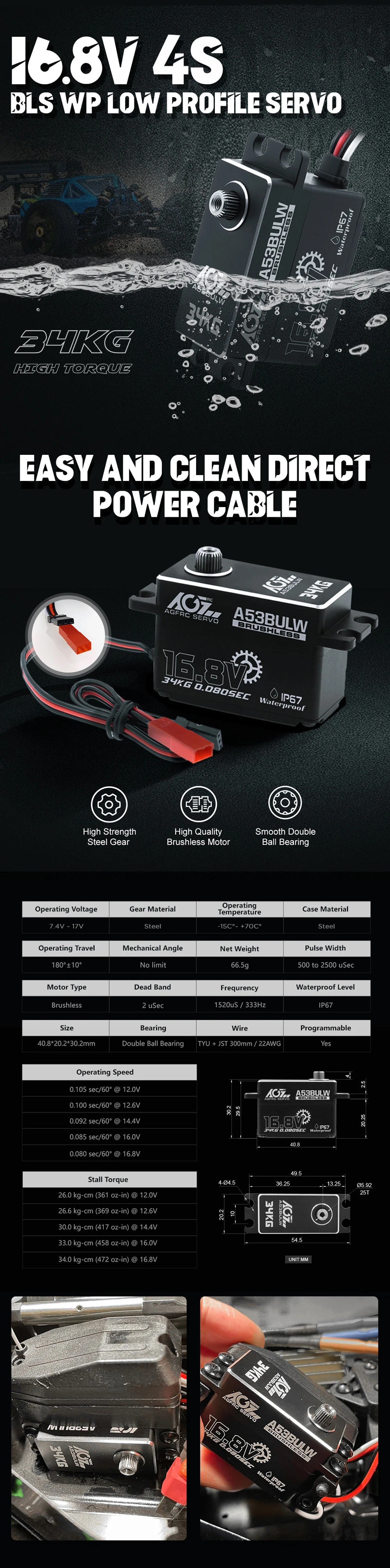 Agfrc flaches a53bulw 3s/4s 34kg programmier bares bürstenloses Servo mit hohem Drehmoment für RC-Car-Crawler-Buggy-Rennboot im Maßstab 1:10 – Detail 1