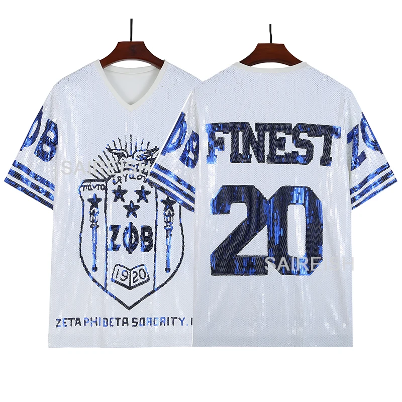 

Fashion Greek Hip Hop Sorority Bling Blue Jerseys Zeta Top Sequin T Shirts Zeta Sequin Jersey