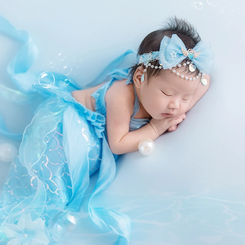 Tema marino Puntelli per fotografia neonato Abito da sirena per bambina Abito da festa di compleanno Puntelli di perle Accessori per riprese in studio per neonati