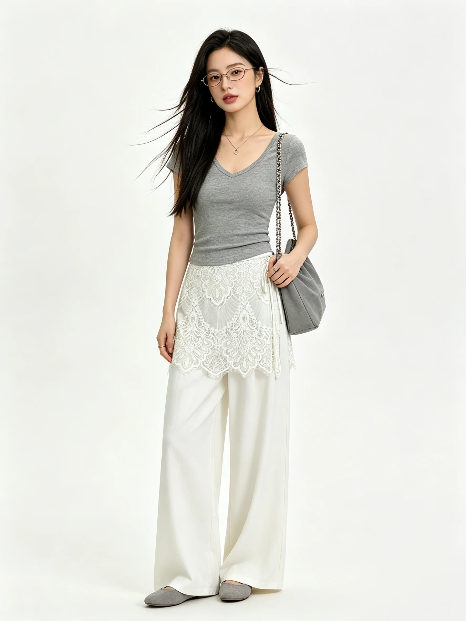 

High Waist Wide Leg Pants Draped Lace Women's Loose Casual Trousers Summer Simple Beige Bunting Belted Pants Ladies Fashion