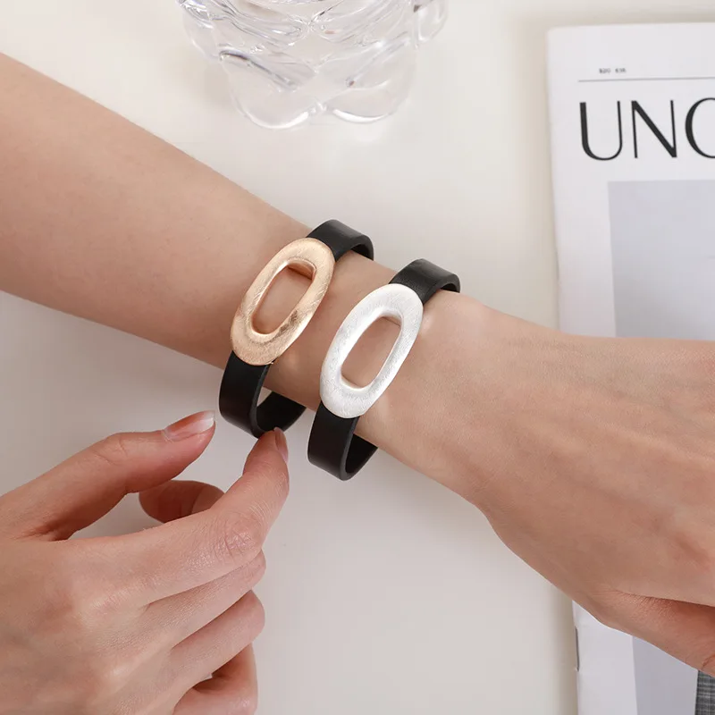 Leather bracelet women fashion geometry high sense new special for foreign trade brushed alloy bracelet