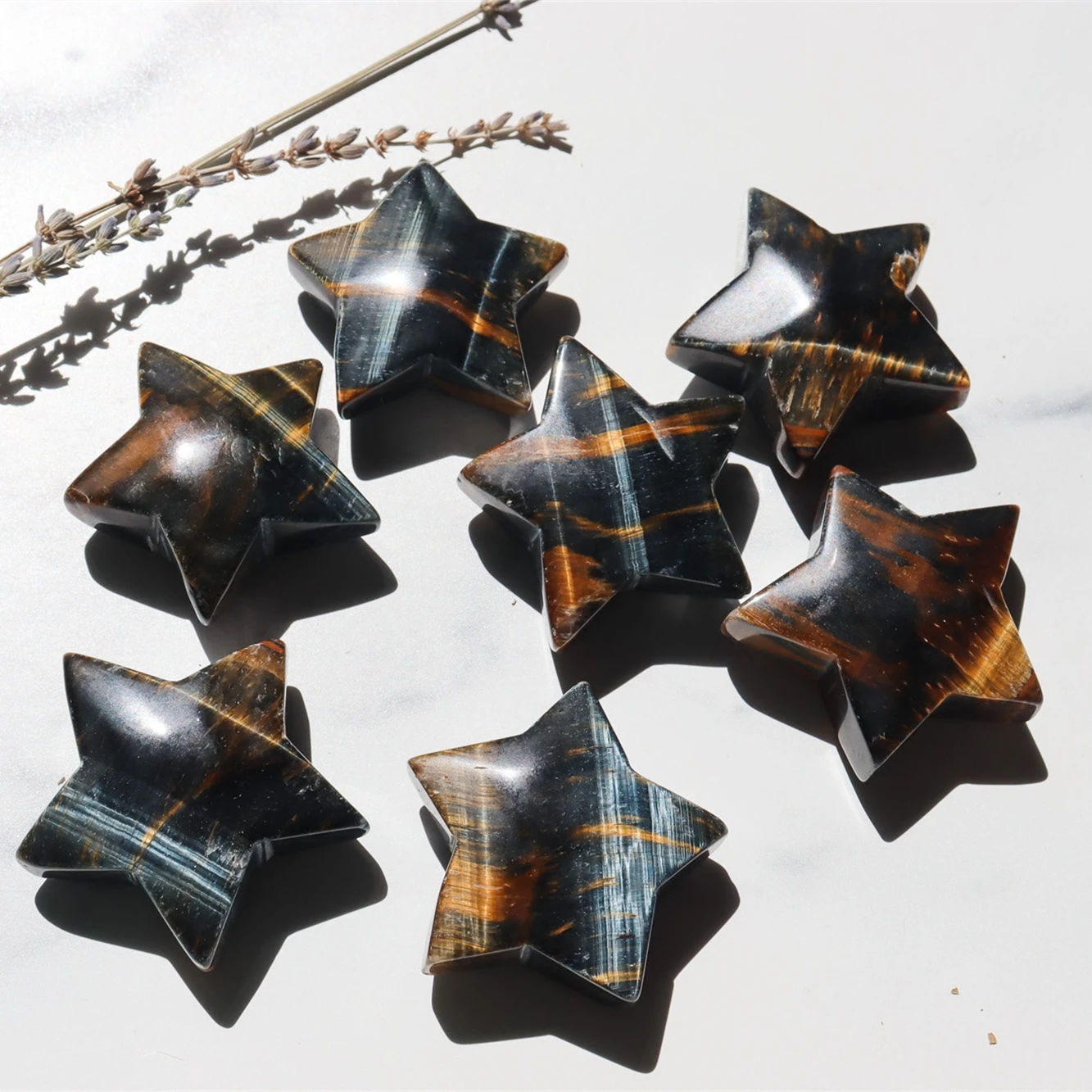

1pc Yellow & Blue Tiger Eye Five-pointed Star Engraving with Unique Rotating Pattern - Perfect for Display, Ideal for Home Decor